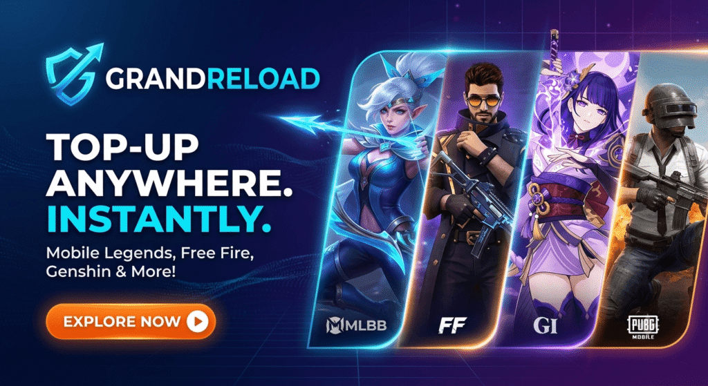 GrandReload ad with four game characters and their logos: Mobile Legends, Free Fire, Genshin Impact, and PUBG Mobile. Text promotes instant game top-ups